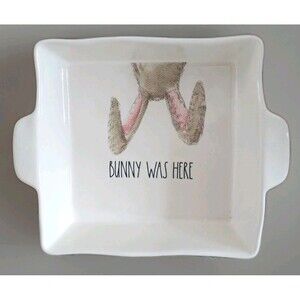 Rae Dunn BUNNY WAS HERE 8.5" x 8.75" Baking Dish Bunny Ears Casserole W/Handles